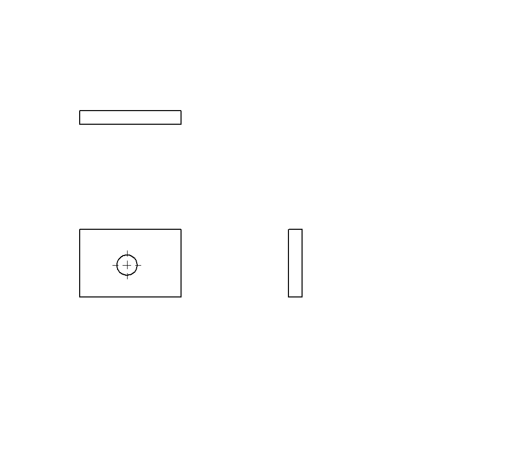 Three standard views. The front view's hole already carries a centre mark from the drawing template