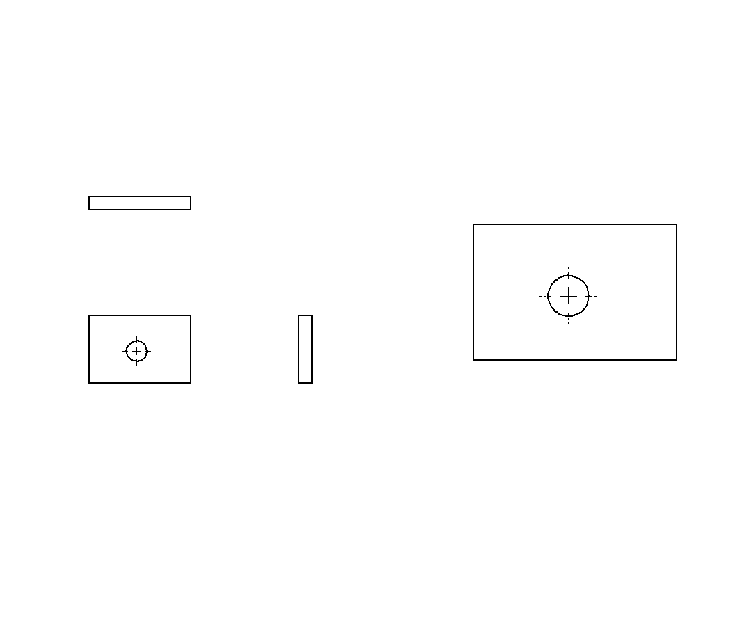Drawing View4 (right) after auto_center_marks — a centre mark with extended lines through the Ø12 hole